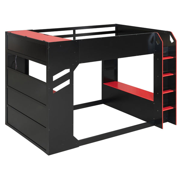 English Elm Full Size Loft Bed with Rgb Lighting Desk Drawers Hanging Rod Teen Bedroom Red LT000288AAJ-1