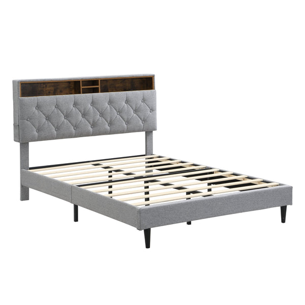 English Elm Queen-Size Upholstered Platform Bed Frame with Button-Tufted Linen Headboard, Built-In USB Hub and Storage LIGHT GREY W311P285479