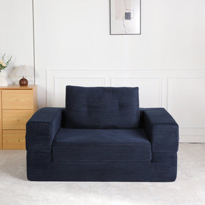 English Elm Compression Human Dog Sofa Bed 3-in-1 Folding Corduroy Floor Couch with Memory Foam Pillow for Living Room Dark Blue W3723P376785