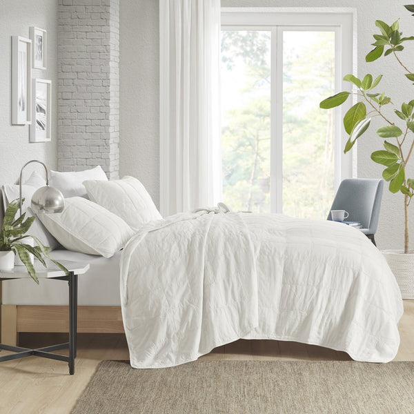 JLA Home Croscill Casual - 3 Piece White Coverlet Set with Garment-Washed Cotton Grid Texture, Breathable Softness, Machine Washable CCA13-0007