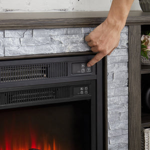 English Elm Large TV Desk Storage Rack with Faux Stacked Stone Mantel, 75" TV Console with Electric Fireplace, Ample Cabinets and Cable Management Grey W1758S00012