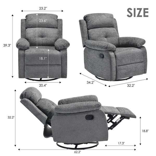 English Elm Small Rocker Swivel Recliner Chair with 360° Swivel, 30° Rocking & Adjustable Recline for Comfort Stone Gray T3623P379624