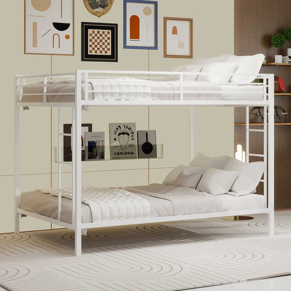 English Elm Multi-Functional Square Tube Iron Bunk Bed with Dual Ladders, Sturdy Space-Saving Frame for Rooms White W1935P360920