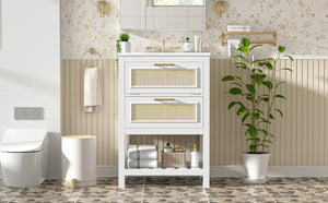 English Elm 24" Rattan Front Bathroom Vanity with Ceramic Sink Deep Drawer Storage Mdf Cabinet White N710P293990K