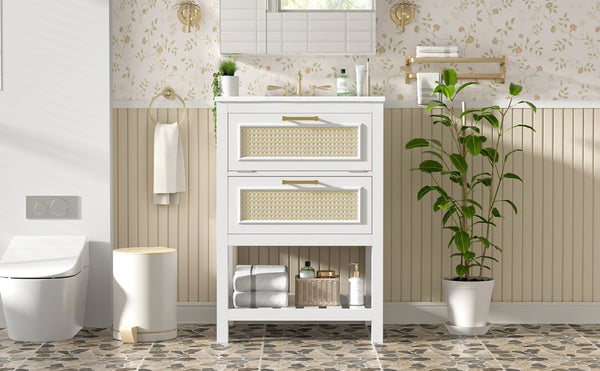 English Elm 24" Rattan Front Bathroom Vanity with Ceramic Sink Deep Drawer Storage Mdf Cabinet White N710P293990K