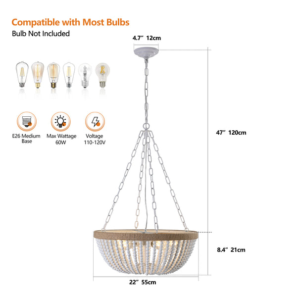 English Elm 22" Bohemian Wood Beaded Pendant Chandelier White+Oak — Soft Ambient Lighting, Durable Iron Craftsmanship W1340P177244