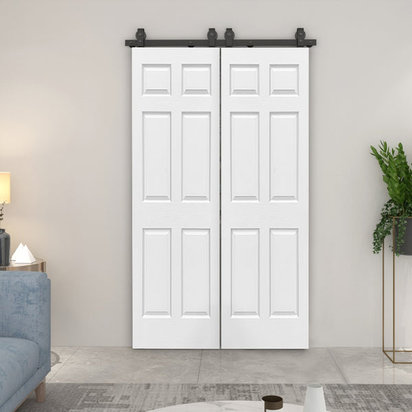 English Elm 24 in Primed Mdf Bi-fold Barn Door with Raised 6-panel Profile and Sliding Hardware B2763P491008