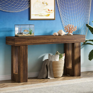 English Elm Practical Geometric Console Table with Matte Black Wood Grain Finish for Entryway or Sofa Rustic Brown T3971P451556
