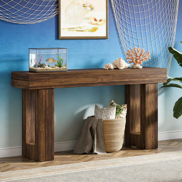 English Elm Practical Geometric Console Table with Matte Black Wood Grain Finish for Entryway or Sofa Rustic Brown T3971P451556
