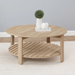 English Elm Round Engineered Wood Coffee Table With Storage Shelf – Natural Finish For Modern Farmhouse Style B016P379400-GIGA