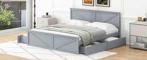 English Elm King Solid Wood Platform Bed with 4 Under-Drawers, Gray King Size Frame, Sturdy Slats, 500lb Capacity SM000537AAE