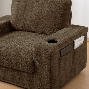English Elm 42" Oversized Chaise Lounge with Plush Faux Rabbit Fur, Hidden Arm Storage, Cup Holder, Convertible Sleeper Brown N723P232726D