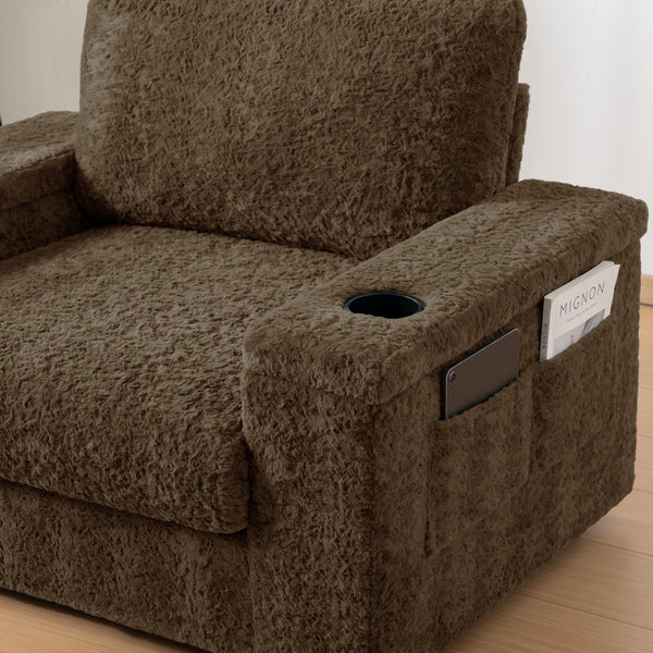 English Elm 42" Oversized Chaise Lounge with Plush Faux Rabbit Fur, Hidden Arm Storage, Cup Holder, Convertible Sleeper Brown N723P232726D