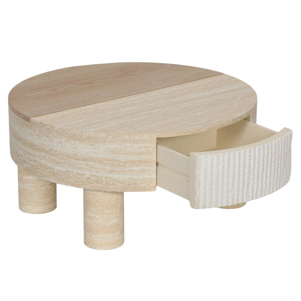 English Elm Round Fluted Coffee Table with Flip Top Hidden Storage Drawers for Small Living Rooms W3040P428644