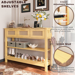 English Elm 43.3" Farmhouse Console Table Rattan Drawer Fronts Open Shelving Entryway Storage Natural Wood T3210P426416
