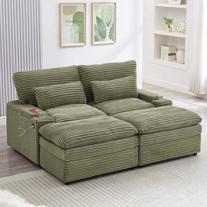 English Elm Loveseat Convertible Sectional Sofa Bed with Storage, Two Ottomans, Dual USB Ports & Cup Holders Green N719S002140F