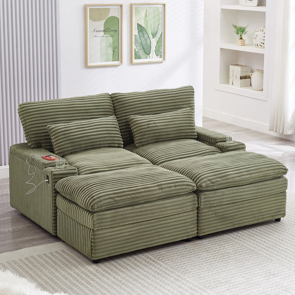 English Elm Loveseat Convertible Sectional Sofa Bed with Storage, Two Ottomans, Dual USB Ports & Cup Holders Green N719S002140F