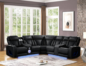 English Elm Fortuner Modern power recliner sectional with massage, Bluetooth speakers, LED lighting, USB charging, storage Black B009S01796