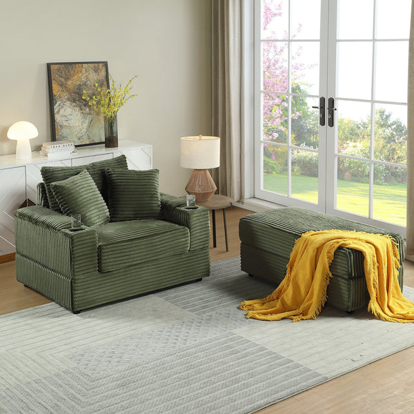 English Elm sofa Oversized Corduroy Deep-Seat Chaise with Ottoman and Lumbar Support — Plush, Sturdy Comfort Green W1420S00012