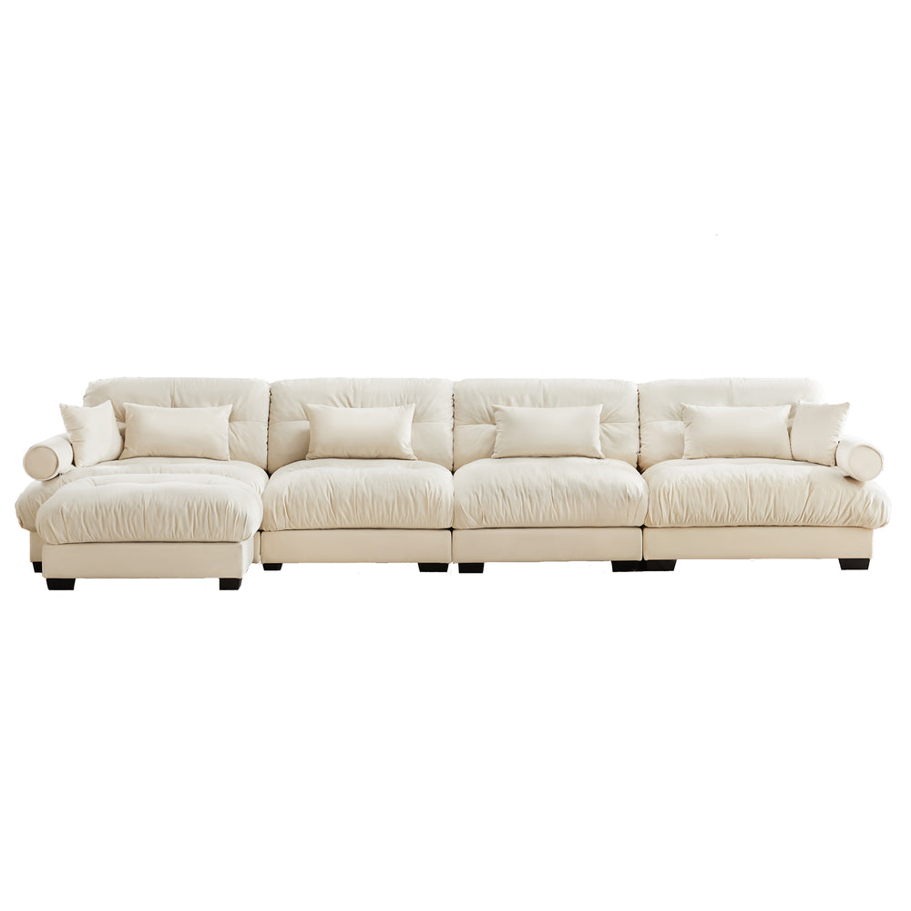 English Elm L L Shaped Sectional Cloud Sofa Convertible 4-Seater Velvet Modular Corner Couch Cream, Plush Relaxation and Flexible Layout Options W714S01075