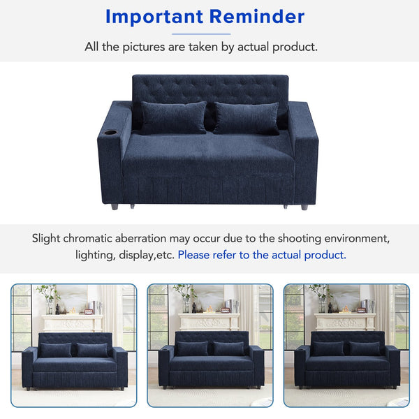 English Elm 61.4" Pull-out Sofa Bed Loveseat with Adjustable 3-Position Backrest, USB Ports, Cup Holders, Storage Rack Blue N719S001900C