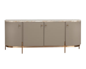 Sunpan Cataldi Sideboard - Modern Elegance With Cappuccino Marble Top & Taupe Faux Leather Wrap, Gold Base Taupe Marble ,Wood 111837