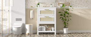 English Elm 24" Rattan Front Bathroom Vanity with Ceramic Sink Deep Drawer Storage Mdf Cabinet White N710P293990K
