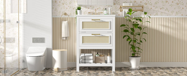 English Elm 24" Rattan Front Bathroom Vanity with Ceramic Sink Deep Drawer Storage Mdf Cabinet White N710P293990K