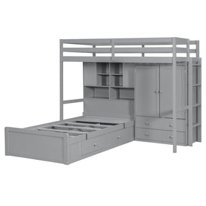 English Elm Twin Bunk Bed with Wardrobe Drawers Hydraulic Lift Shelves Kids Storage Gray LT000666AAE-1