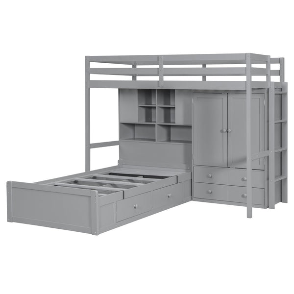 English Elm Twin Bunk Bed with Wardrobe Drawers Hydraulic Lift Shelves Kids Storage Gray LT000666AAE-1