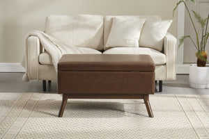 English Elm Mid-century square storage bench with solid wood frame, microfiber upholstery, versatile ottoman seat and tabletop functionality for living room and entryway appeal Brown PU W1539P269658