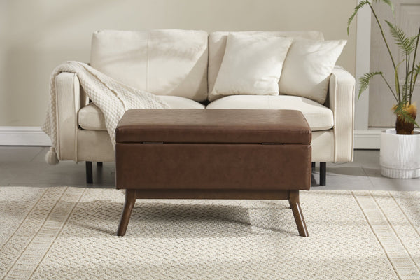 English Elm Mid-century square storage bench with solid wood frame, microfiber upholstery, versatile ottoman seat and tabletop functionality for living room and entryway appeal Brown PU W1539P269658