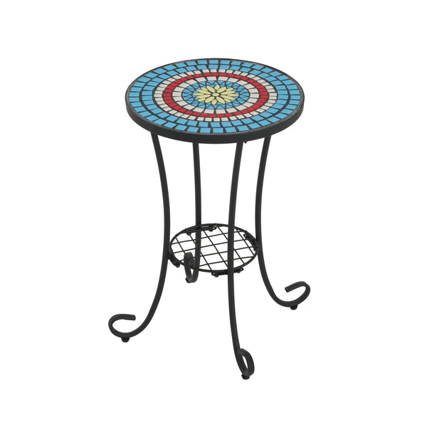 English Elm Christopher Knight Home® - Patio Side Table with Vibrant Ceramic Floral Top, Powder-Coated Steel Frame, Weather-Resistant Finish Black,Blue N768P214810B