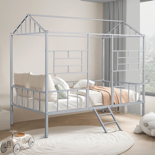 English Elm Twin Contemporary House-Style Loft Bed with Full Metal Frame, Angled Ladder, Sturdy Kids Bunk Design Silver 78 L x 15 W x 7 H B2741P347295