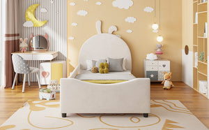 English Elm Twin Velvet Daybed with Sculptural Rabbit Ear Headboard for Kids or Guest Rooms Beige N737P380205A