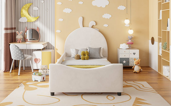 English Elm Twin Velvet Daybed with Sculptural Rabbit Ear Headboard for Kids or Guest Rooms Beige N737P380205A