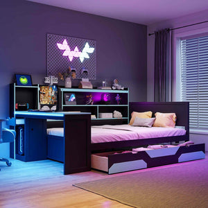English Elm Full Size Gaming Bed Frame with Desk Led Lights Storage Drawers and Charging Station Black+Blue LP000289AAC