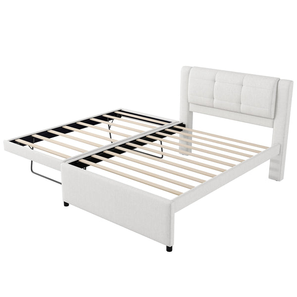 English Elm Full Size Upholstered Platform Bed With Versatile Trundle - Stylish Beige Design For Any Space! DL001678AAA