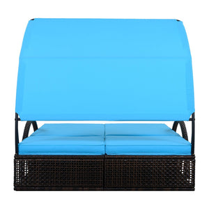 English Elm U_style Outdoor Double Sun Lounger Hdpe Wicker Steel Frame with Canopy Pop up Tables Blue WY000485AAC