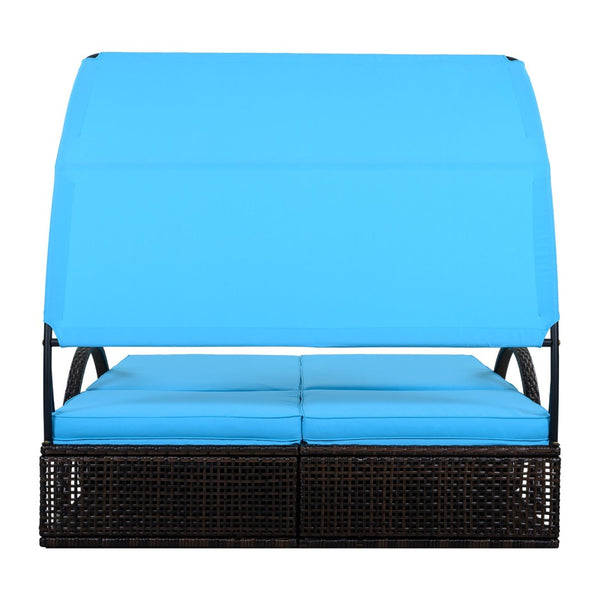 English Elm U_style Outdoor Double Sun Lounger Hdpe Wicker Steel Frame with Canopy Pop up Tables Blue WY000485AAC