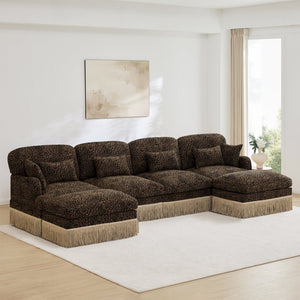 English Elm 131"comfy Chenille Leopard Print U-shaped Sectional with Tassel Trim and Modular Ottomans Brown W5656S00018