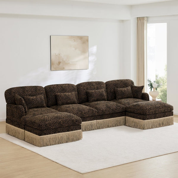 English Elm 131"comfy Chenille Leopard Print U-shaped Sectional with Tassel Trim and Modular Ottomans Brown W5656S00018