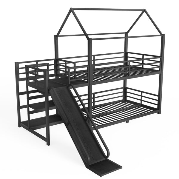 English Elm Twin House Bunk Bed with Slide Storage Stairs and Safety Rails for Kids Rooms W1580S00648