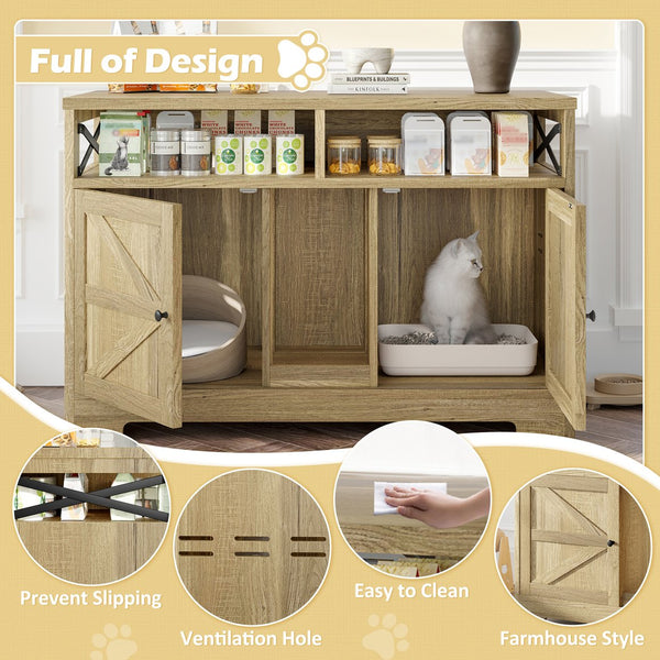 English Elm GO Double Cat Litter Box Enclosure Furniture Table for 2 Cats — Farmhouse Hidden Washroom, Brown N704P270702D
