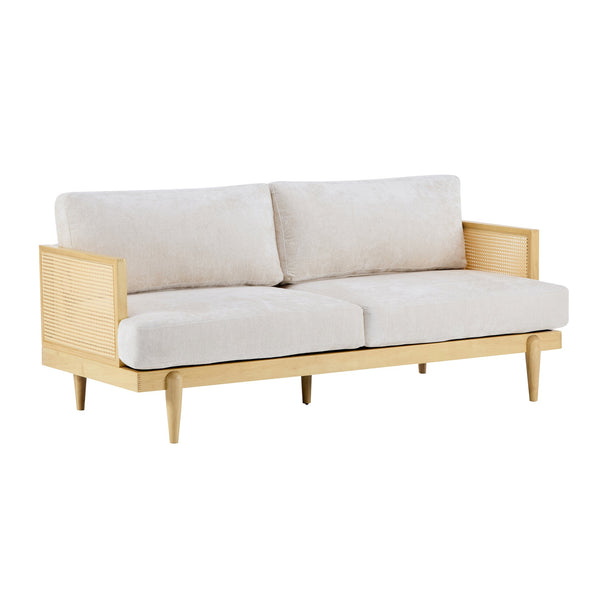 English Elm Christopher Knight Home® - EMIR Bouclé 72" Square Arm 3-Seater Sofa with Cane Rattan Panels, Solid Wood Frame, Cozy Comfort Natural+Beige N773P285909N