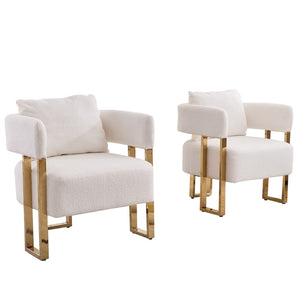 English Elm Ts Teddy Fleece Accent Chair Set Two Plush Seats Gold Square Legs Glam Decor White+Gold W2311P190460