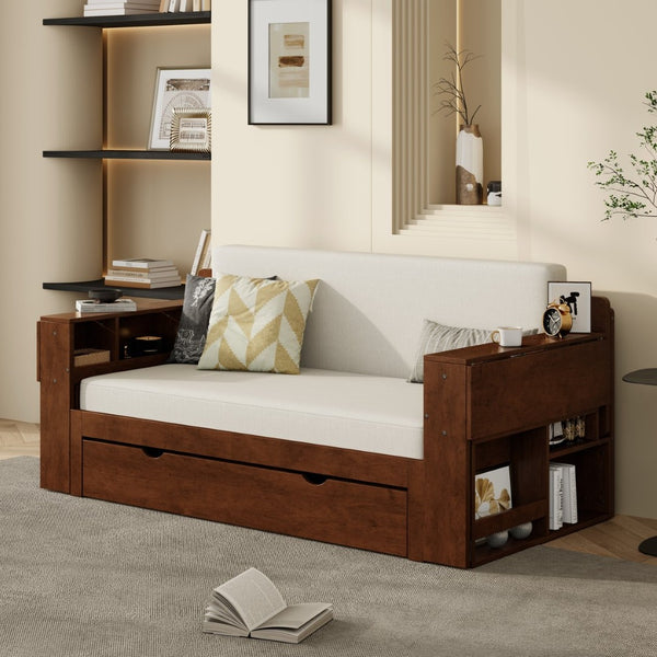 English Elm Full Size Daybed with Hydraulic Desk Armrests Storage Drawer and Sofa Seating Espresso LT000271AAP