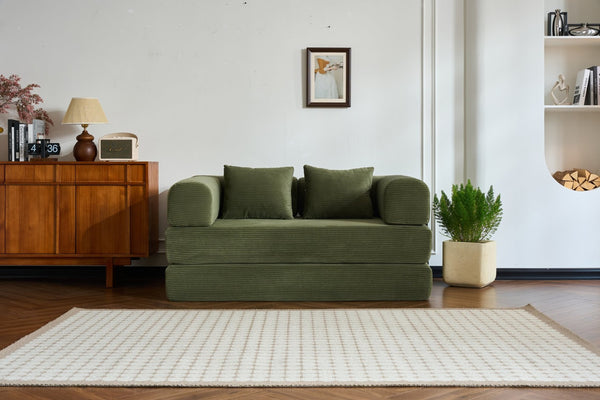 English Elm 59'' Corduroy Convertible Floor Sofa Sleeper with Bolster Pillow for Small Spaces Green W3434P406617