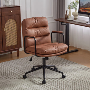 English Elm Office Ergonomic Mid-Back Chair with Double Sponge Cushions, Reclining 40° Base, Padded Arms and Wheels Brown W1143P373975