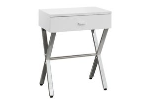 English Elm Accent Elegant Modern Side Table with Glossy Laminate, Chrome Base and Drawer for Living Spaces White 22 L x 14 W x 7 H B2710P219241